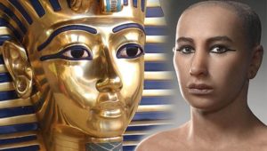 Лицо Тутанхамона на саркофаге, а также как он выглядел при жизни
