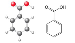 Молекула и формула бензойной кислоты (E210)