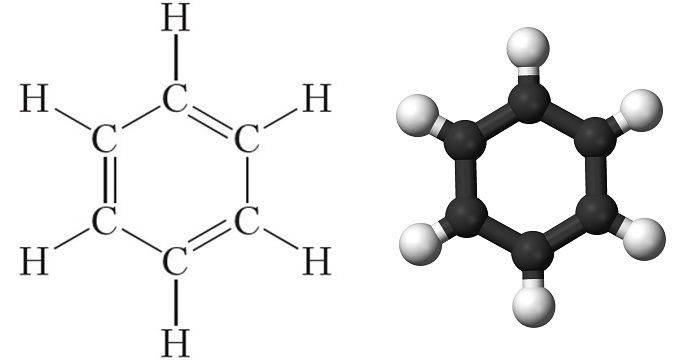 Структурная формула и вид молекулы бензола